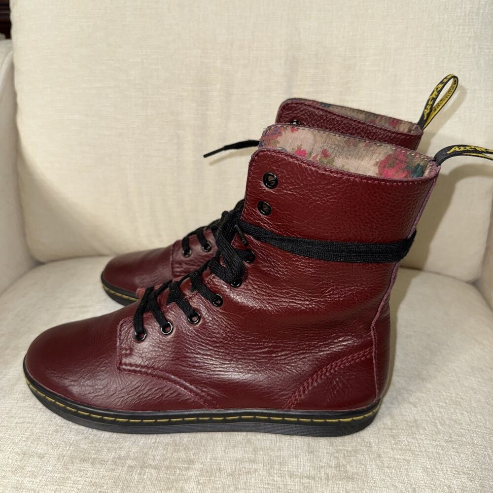 Dr. Martens STRATFORD Burgundy Leather Combat Boot Women 9, Floral Lined Maroon - Picture 4 of 9